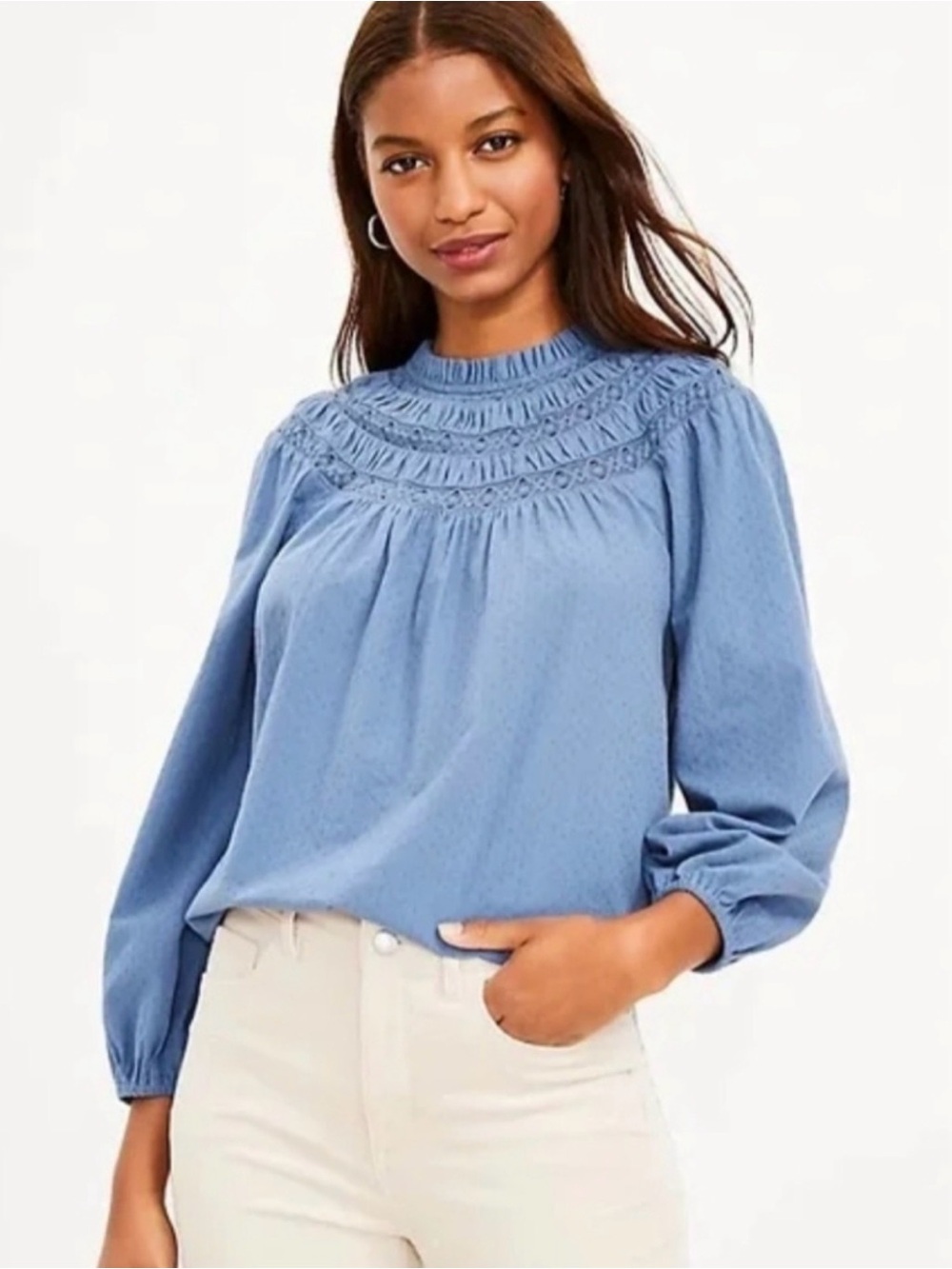 🥣 LOFT Women’s Blue Long-Sleeve Crochet Yoke Blouse 100% Cotton - Size XL